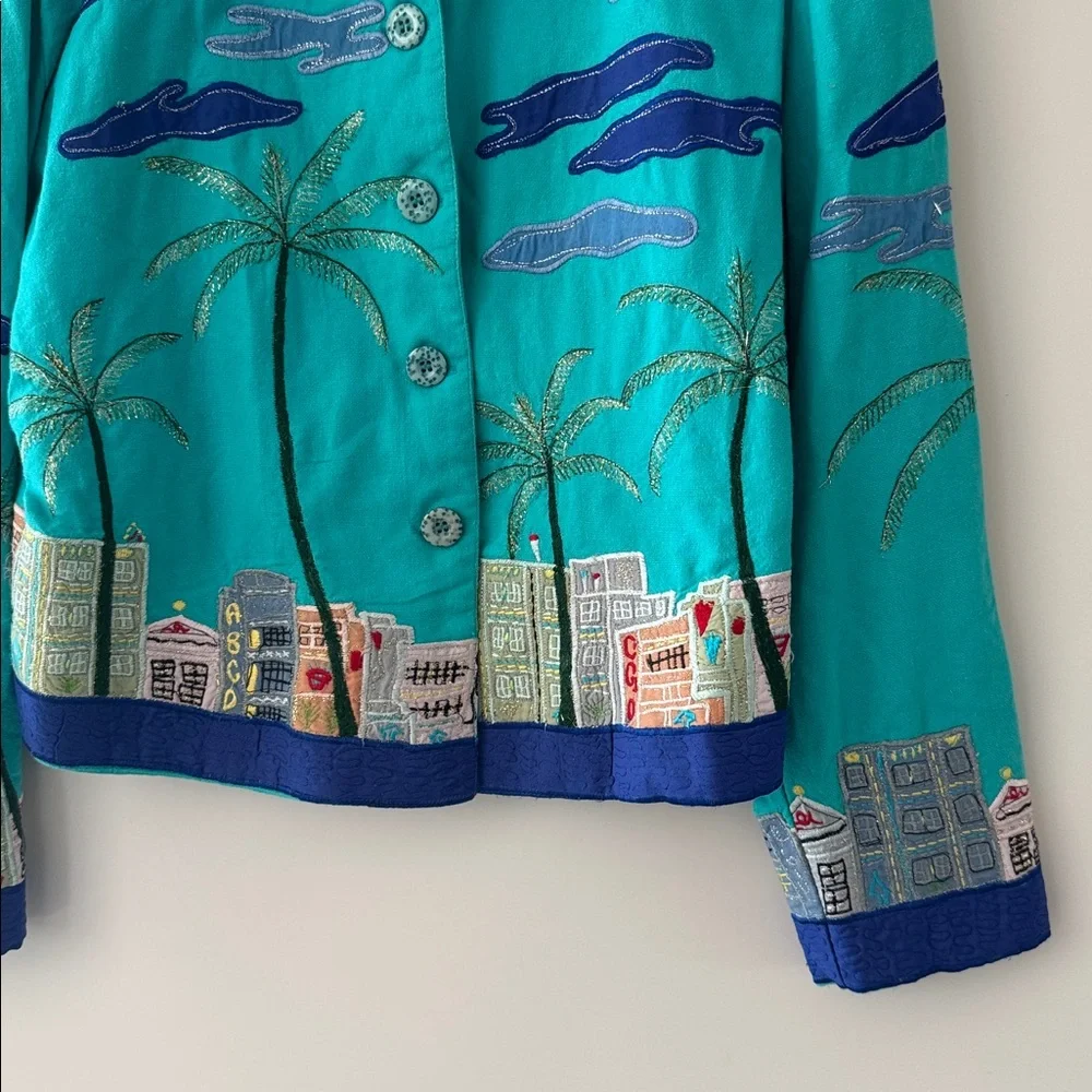 Vintage Patchington Palm Tree Blazer Womens Small Cityscape Jacket Y2K Cotton - Picture 5 of 13